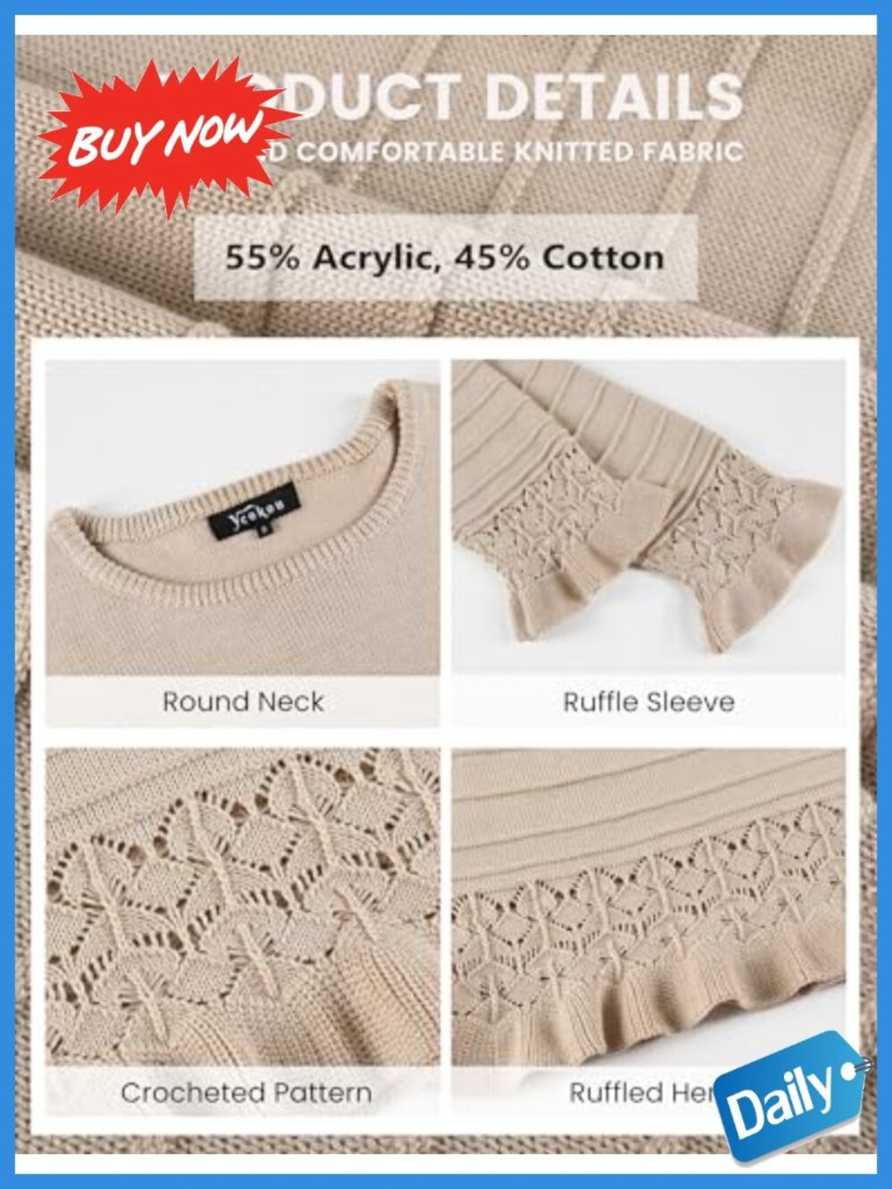 Womens Pullover Sweater Crew Neck Ruffled Hem Knit Long Sleeve Casual Top - Picture 4 of 6